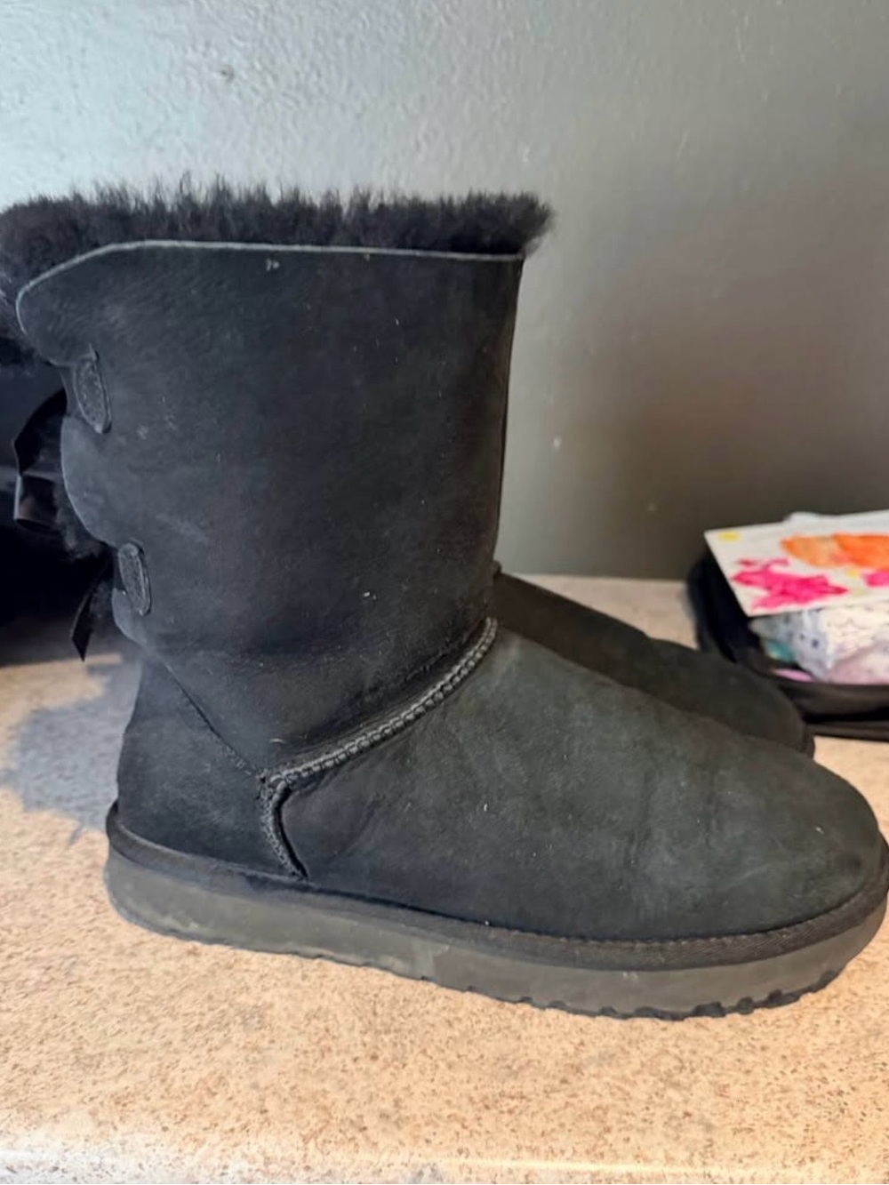 UGG Black Suede Shearling Boots with Back Bow